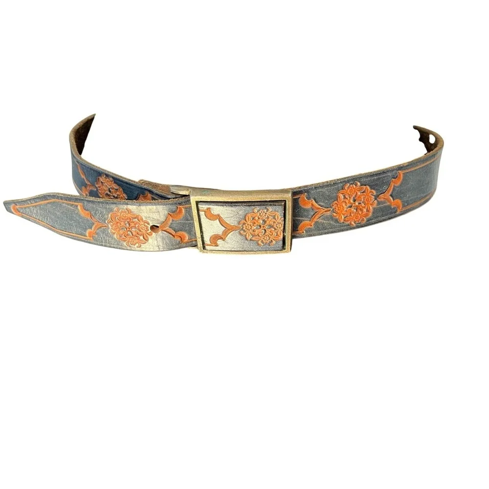Steve Haymaker Vintage 70s Tooled Leather Belt Blue Floral Western Boho 35in
